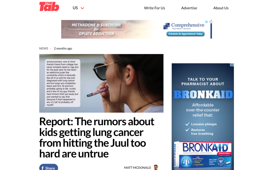 THE TAB – Report: The rumors about kids getting lung cancer from hitting the Juul too hard are untrue